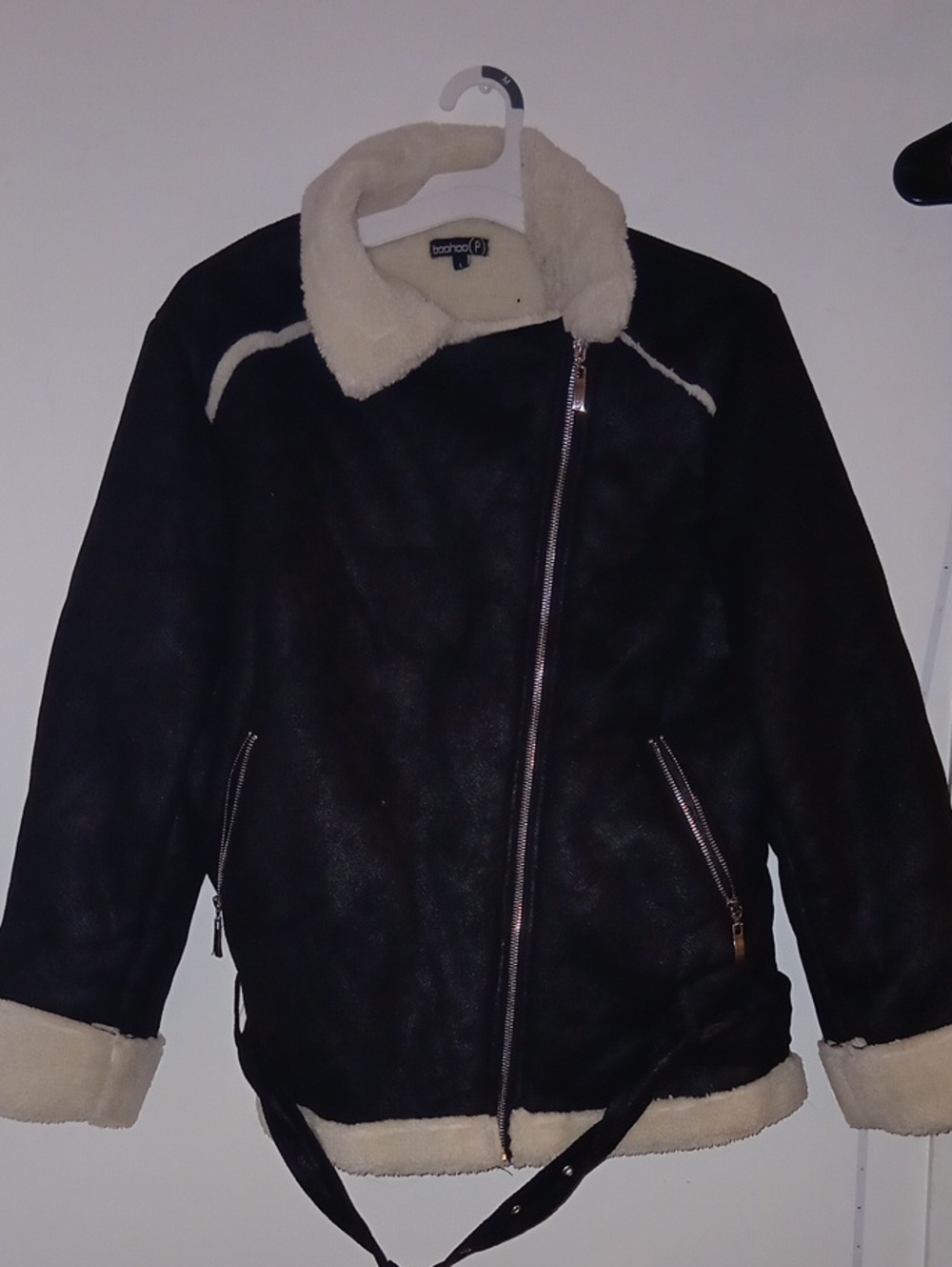 Boohoo Black Faux Shearling Bomber Jacket with White Trim